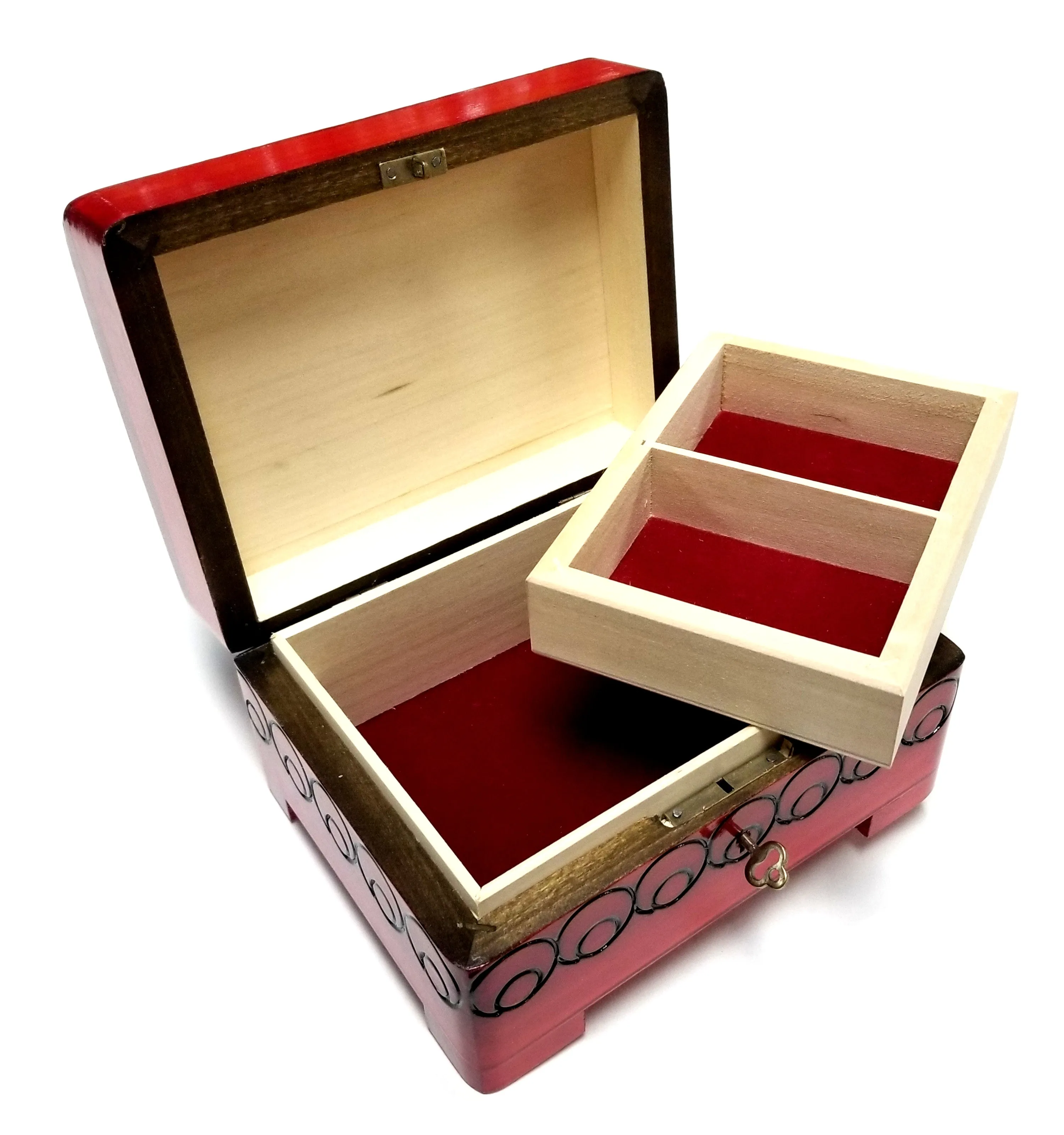Polish Folk Floral Wooden Box with Brass Inlays and Key, 7"x 5.5"