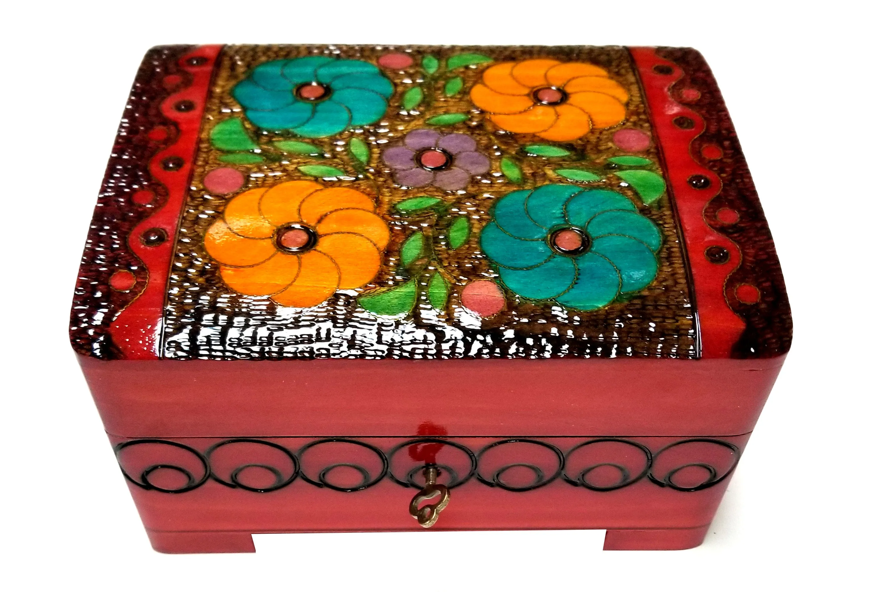 Polish Folk Floral Wooden Box with Brass Inlays and Key, 7"x 5.5"