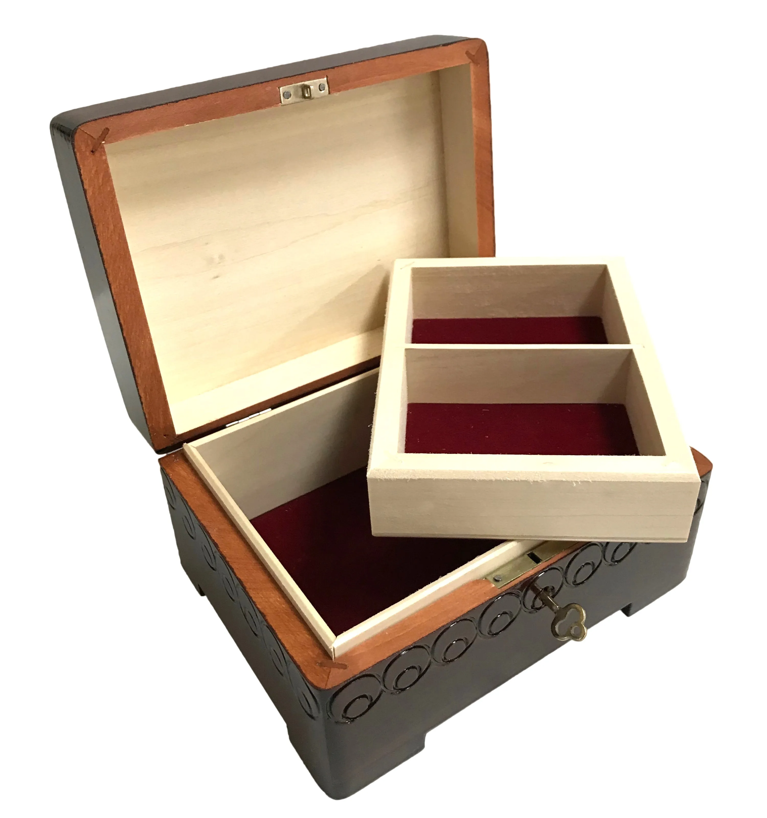 Polish Folk Floral Wooden Box with Brass Inlays and Key, 7"x 5.5"