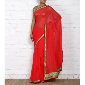 Red Chiffon Saree with Zari Border