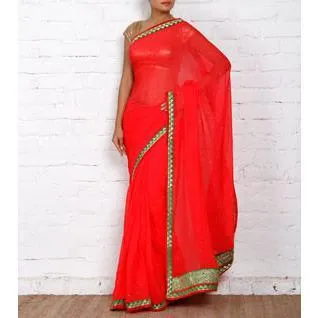 Red Chiffon Saree with Zari Border