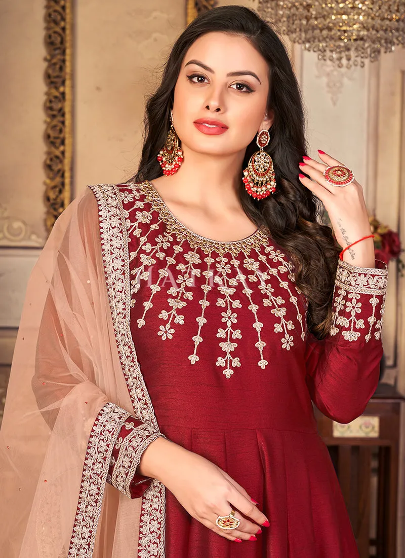 Red Zari Embroidered Festive Silk Anarkali Suit