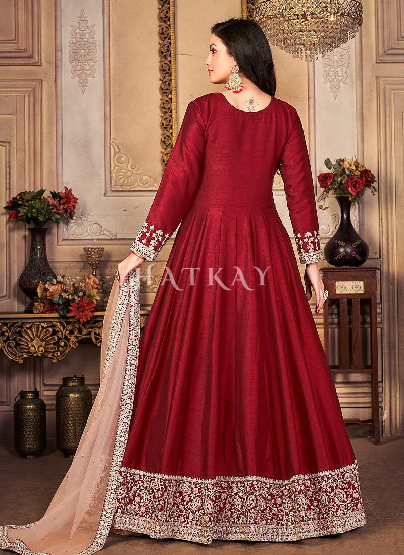 Red Zari Embroidered Festive Silk Anarkali Suit