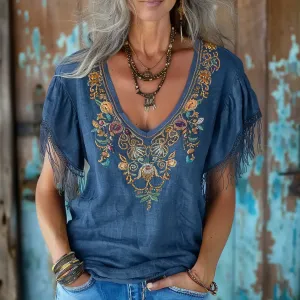 Retro Ethnic Print V-neck T-shirt