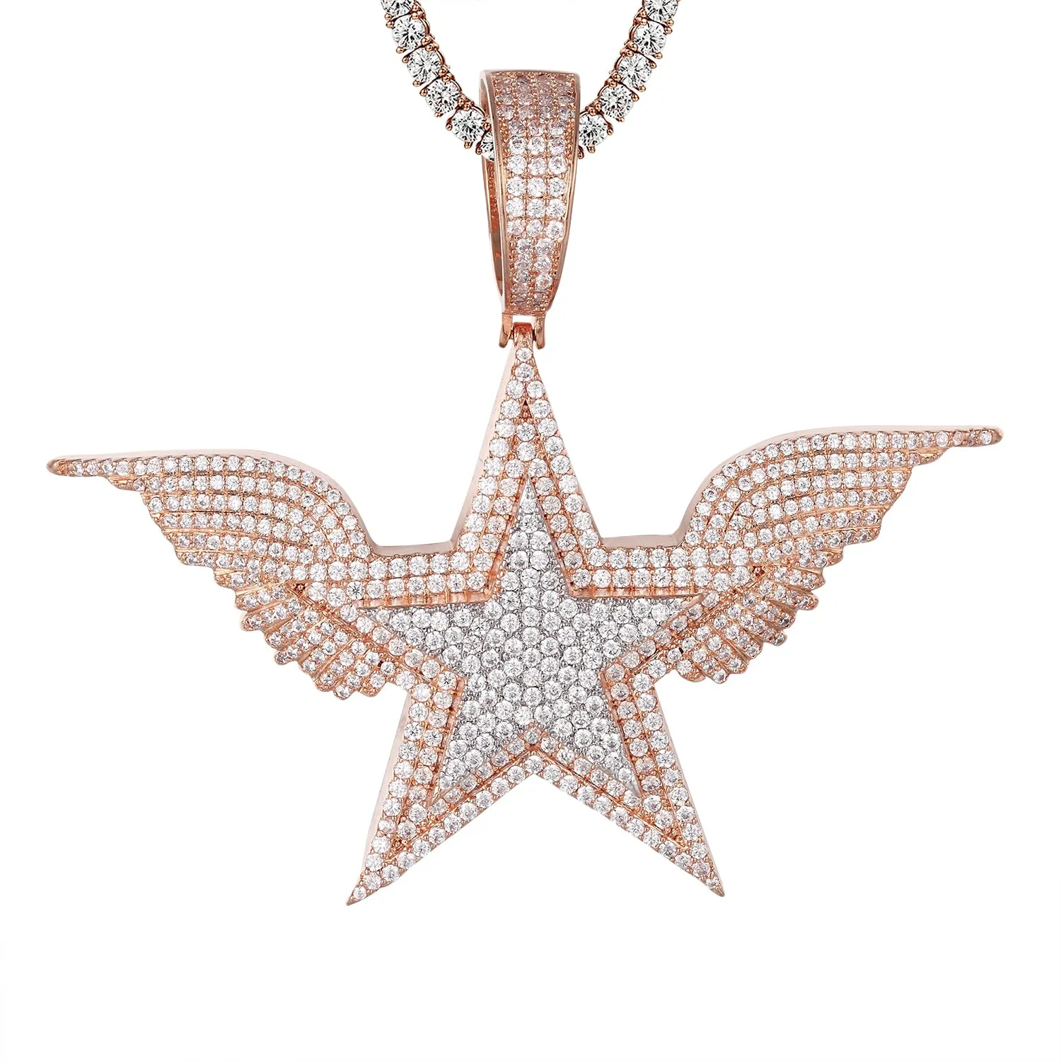 Rose Gold Tone Star Angel Wings Sterling Silver Hip Hop Pendant
