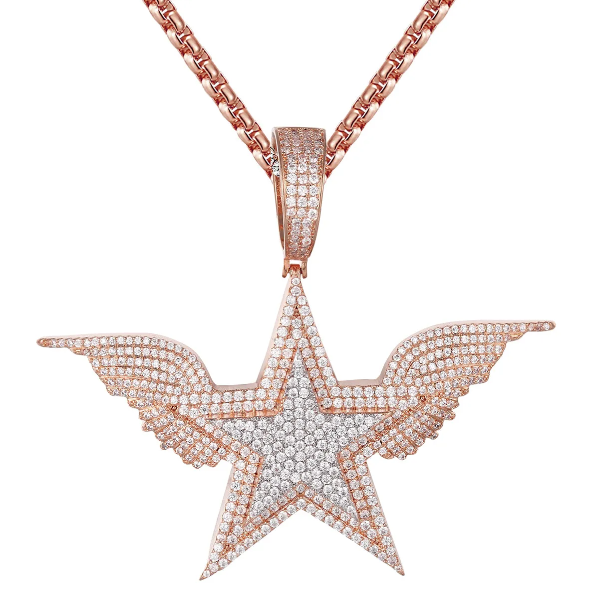 Rose Gold Tone Star Angel Wings Sterling Silver Hip Hop Pendant
