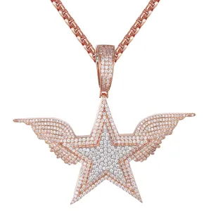 Rose Gold Tone Star Angel Wings Sterling Silver Hip Hop Pendant