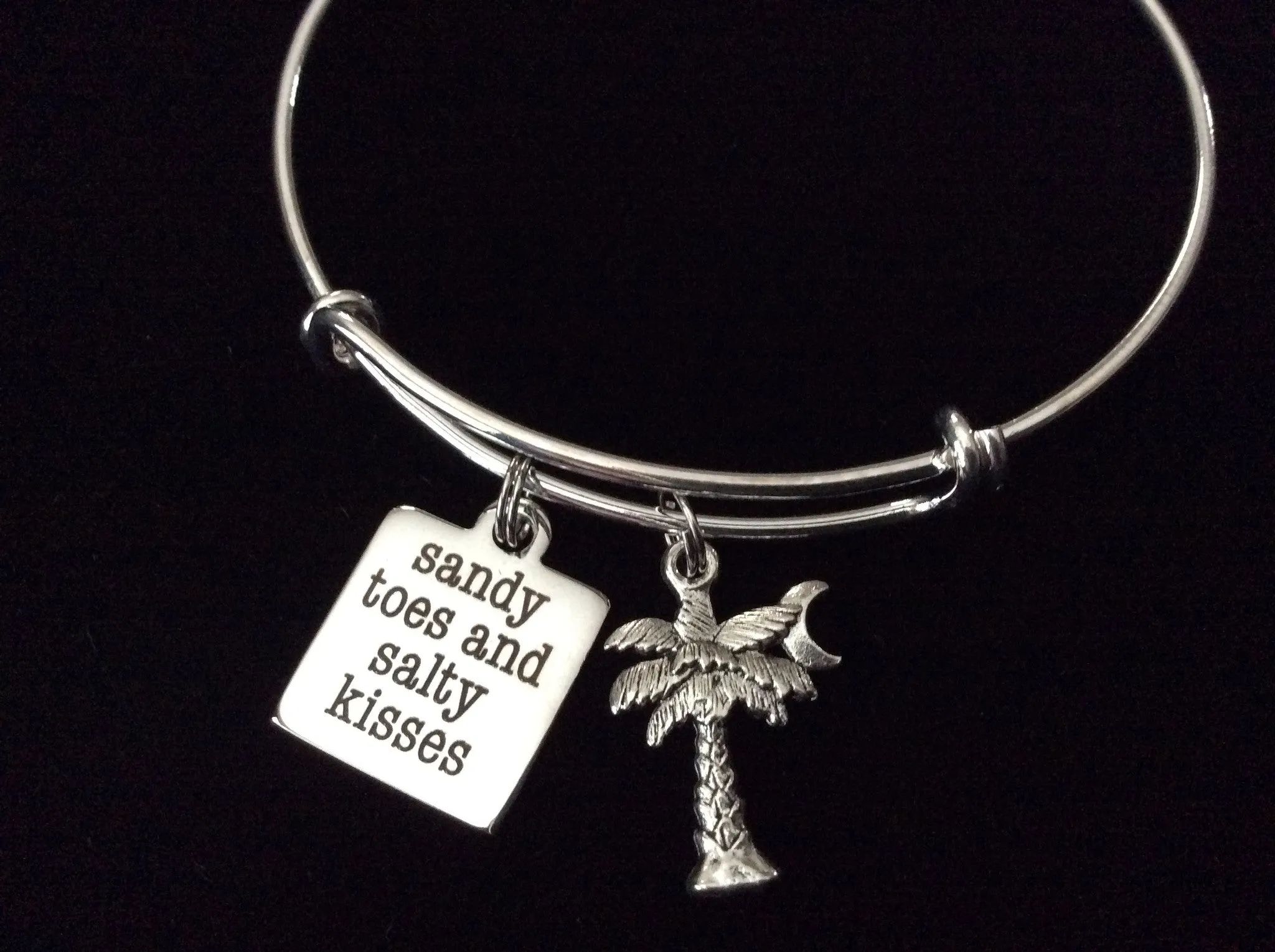 Sandy Toes and Salty Kisses Word Quote on Expandable Adjustable Wire Bangle Bracelet Ocean Nautical Gift