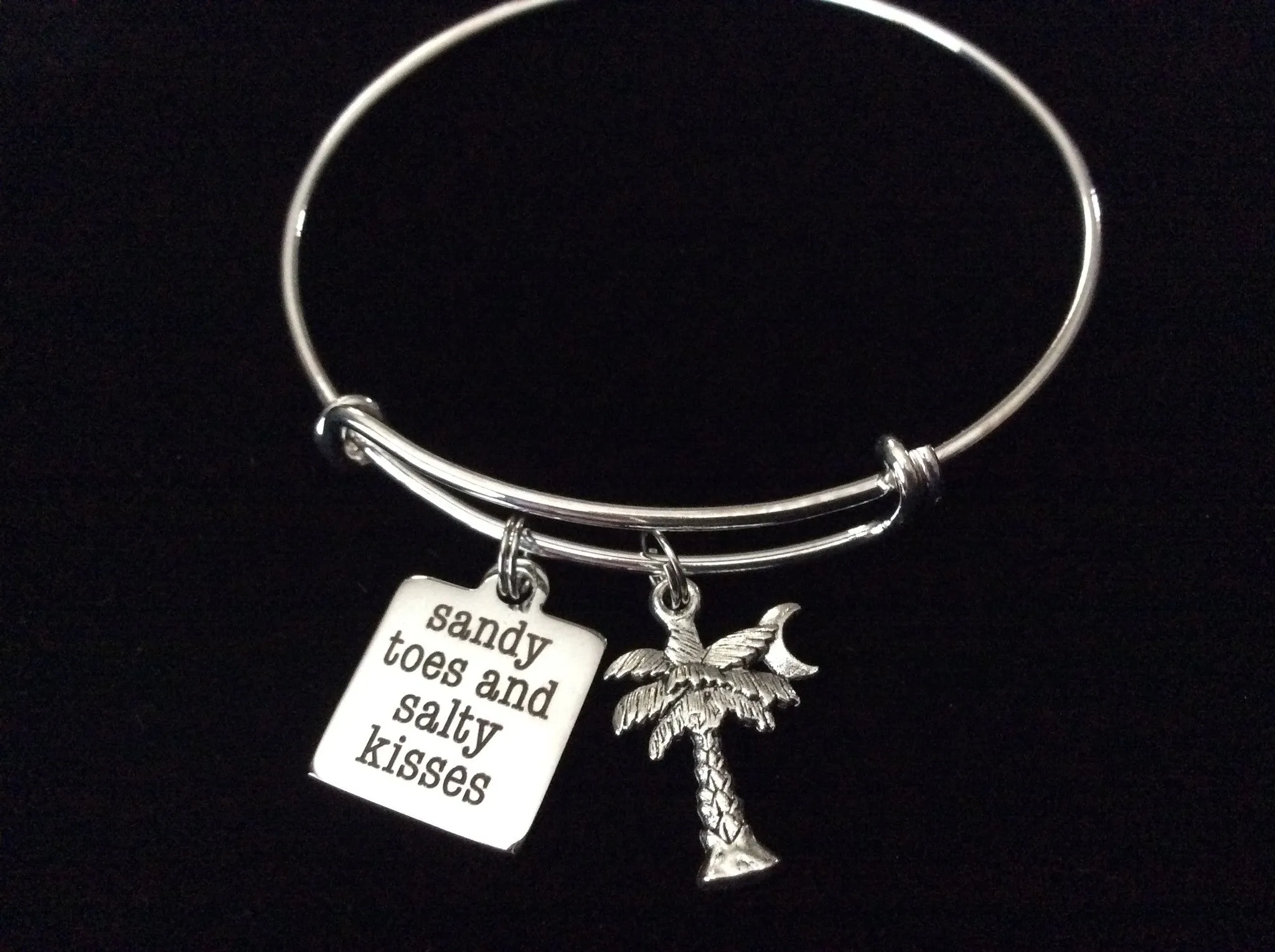 Sandy Toes and Salty Kisses Word Quote on Expandable Adjustable Wire Bangle Bracelet Ocean Nautical Gift