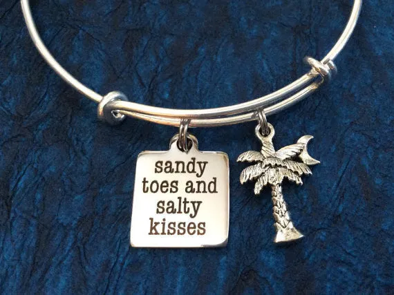 Sandy Toes and Salty Kisses Word Quote on Expandable Adjustable Wire Bangle Bracelet Ocean Nautical Gift