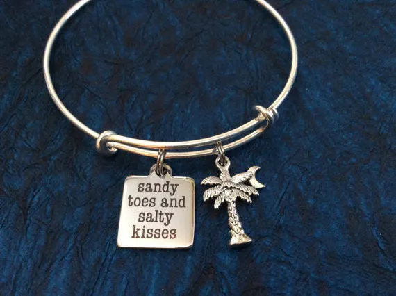 Sandy Toes and Salty Kisses Word Quote on Expandable Adjustable Wire Bangle Bracelet Ocean Nautical Gift