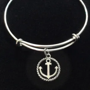 Silver Anchor Charm on an Expandable Adjustable Silver Wire Bangle Bracelet Ocean Jewelry Gift Nautical Trendy Stacking