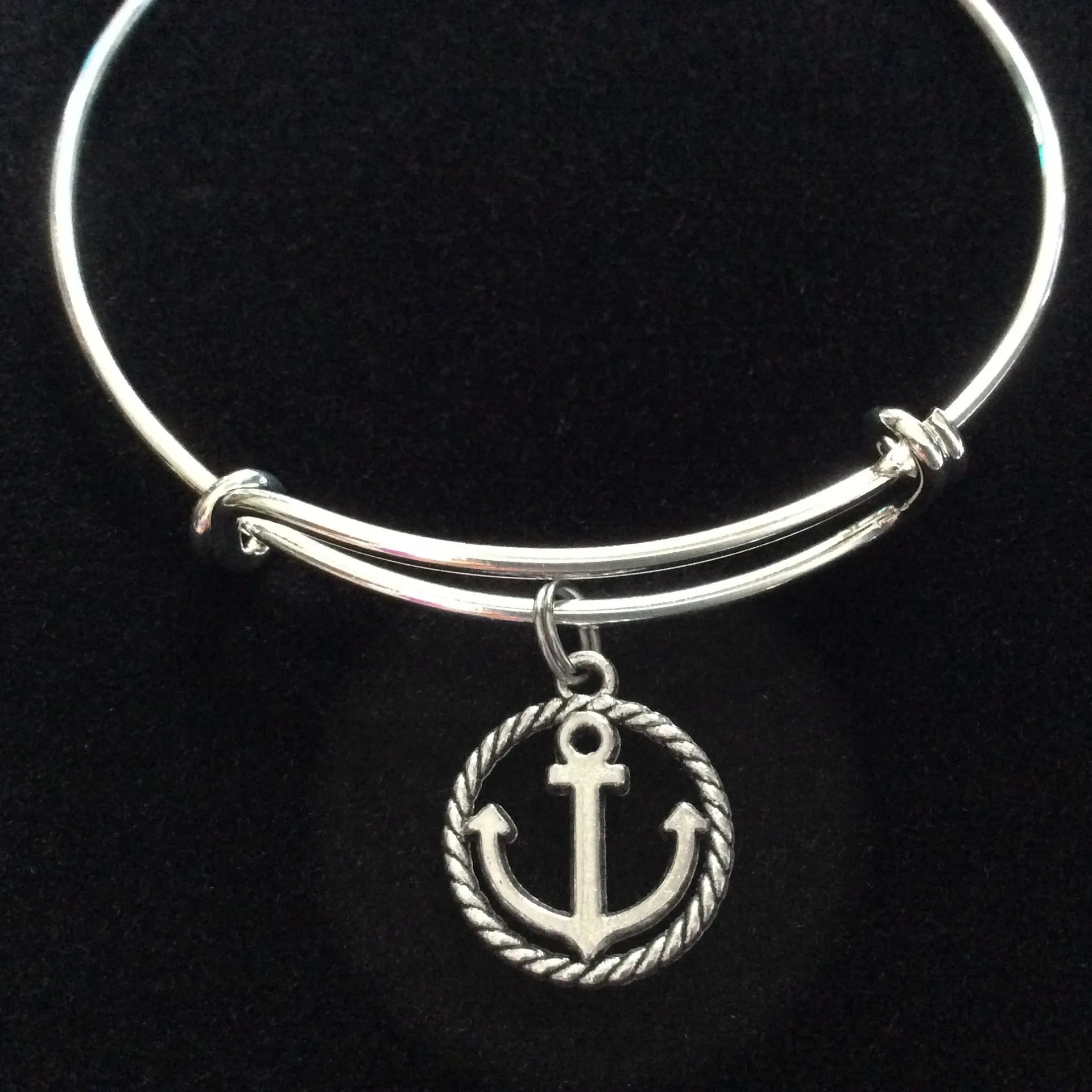 Silver Anchor Charm on an Expandable Adjustable Silver Wire Bangle Bracelet Ocean Jewelry Gift Nautical Trendy Stacking
