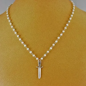 Silver, pearl and Plume dagger necklace