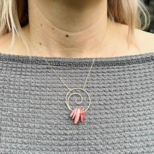 Spiral Necklace with Healing Rhodochrosite Gemstone in Sterling Silver or Brass w/ Gold Plated Chain