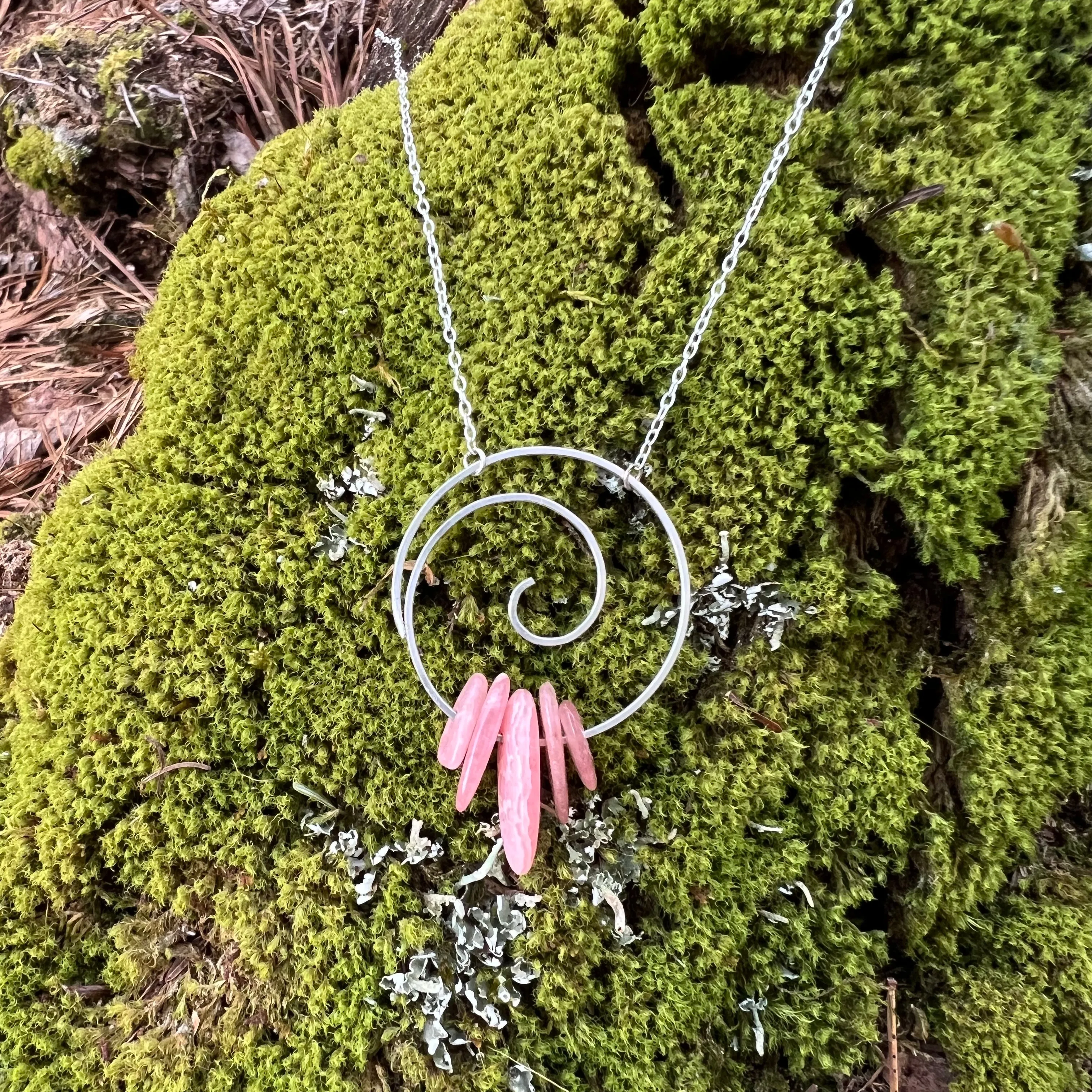 Spiral Necklace with Healing Rhodochrosite Gemstone in Sterling Silver or Brass w/ Gold Plated Chain