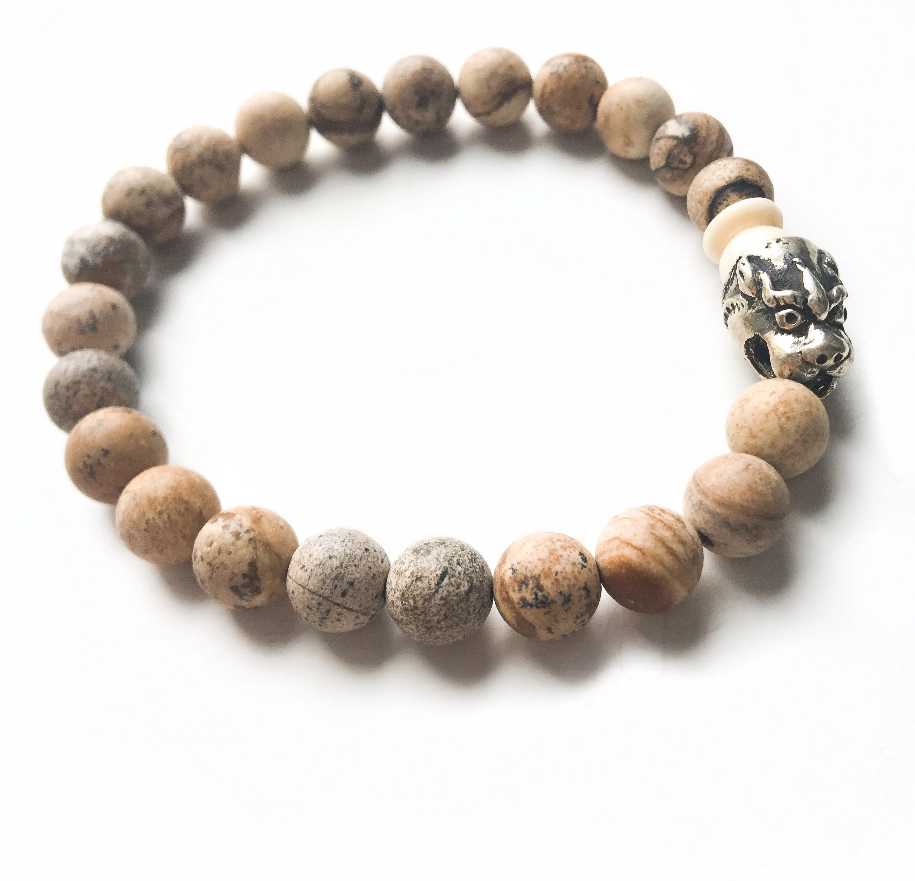Sterling Silver Foo Dog & Agate Stretch Bracelet