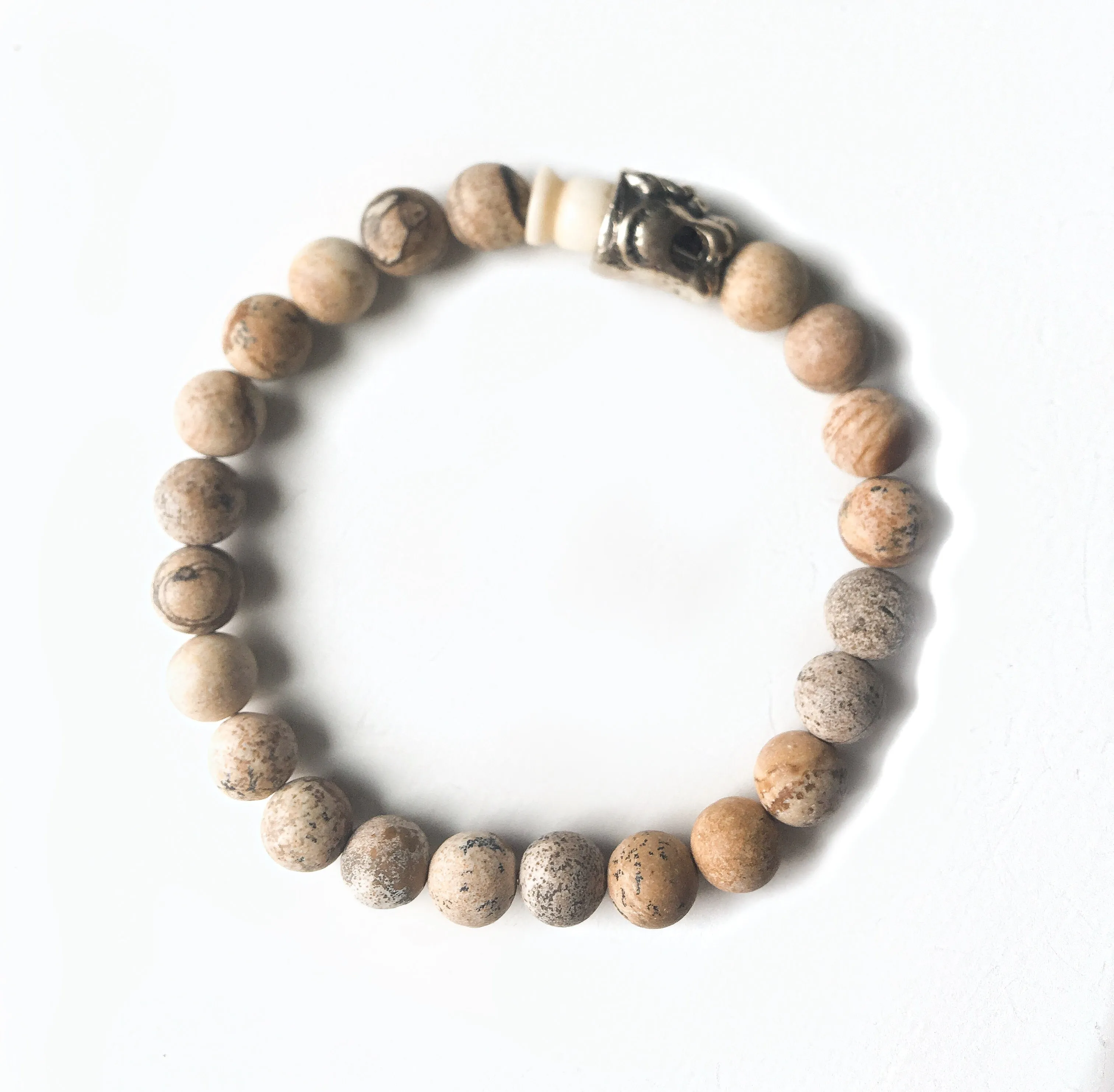 Sterling Silver Foo Dog & Agate Stretch Bracelet