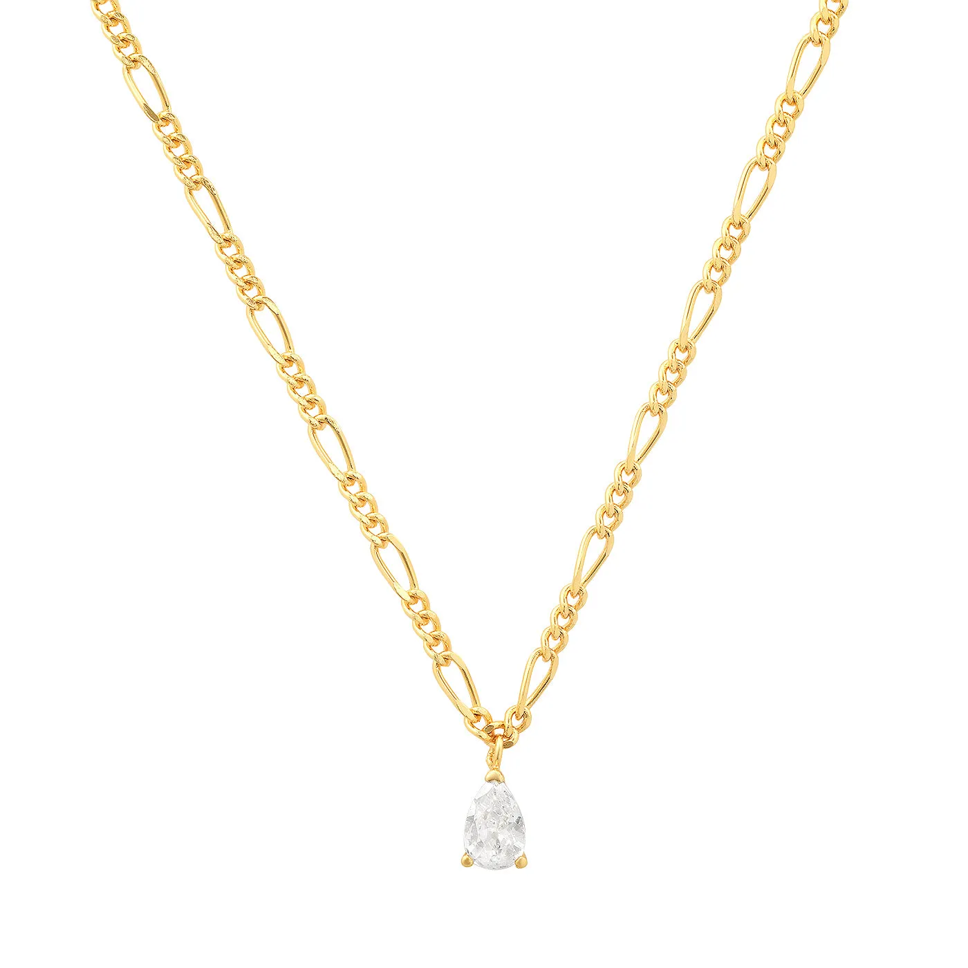 Tai - Gold Figaro Chain with Pear Shaped CZ Pendant (Gold)