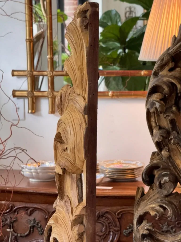 Tall carved, gilded fragments, French, on stands
