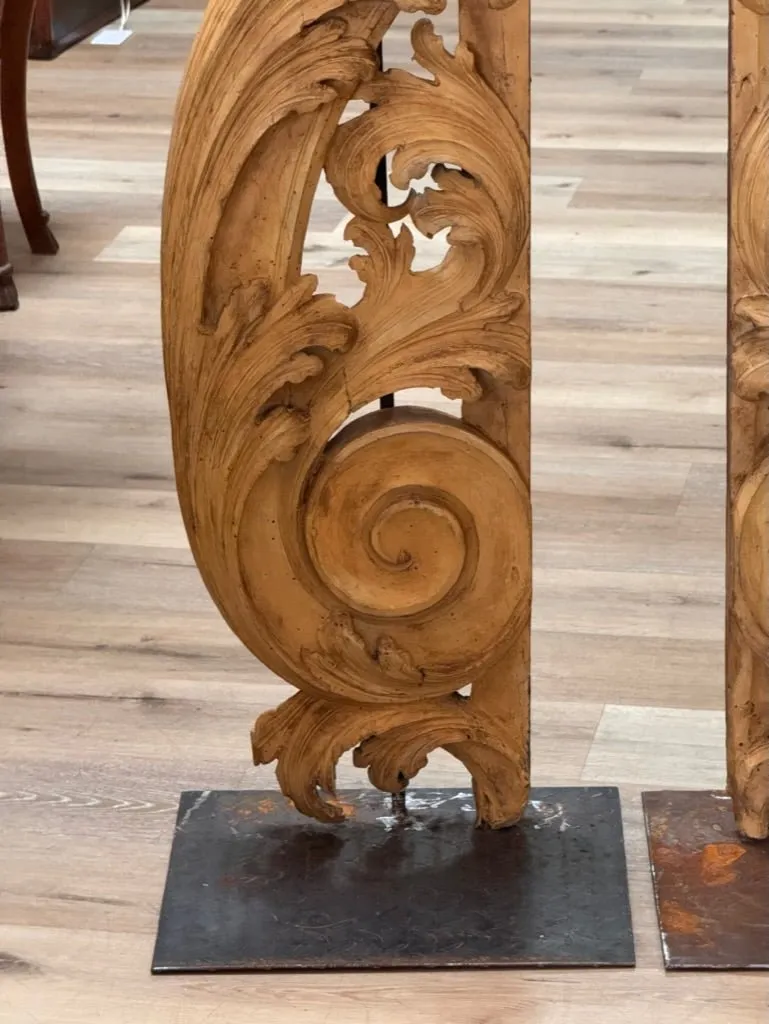 Tall carved, gilded fragments, French, on stands