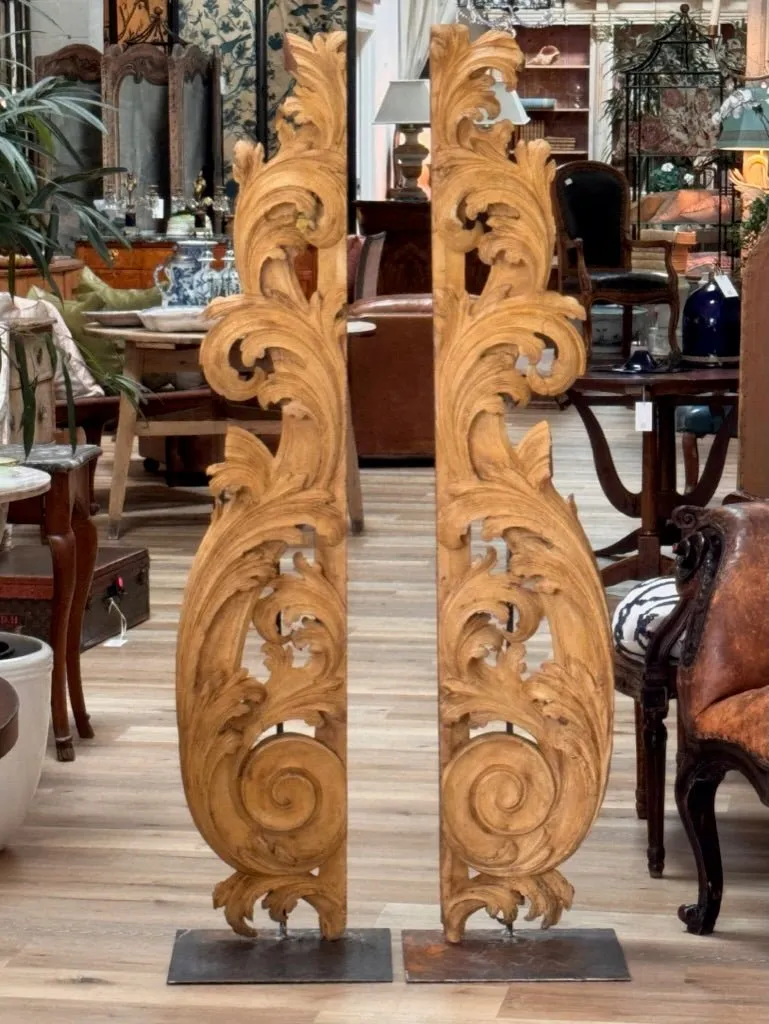 Tall carved, gilded fragments, French, on stands