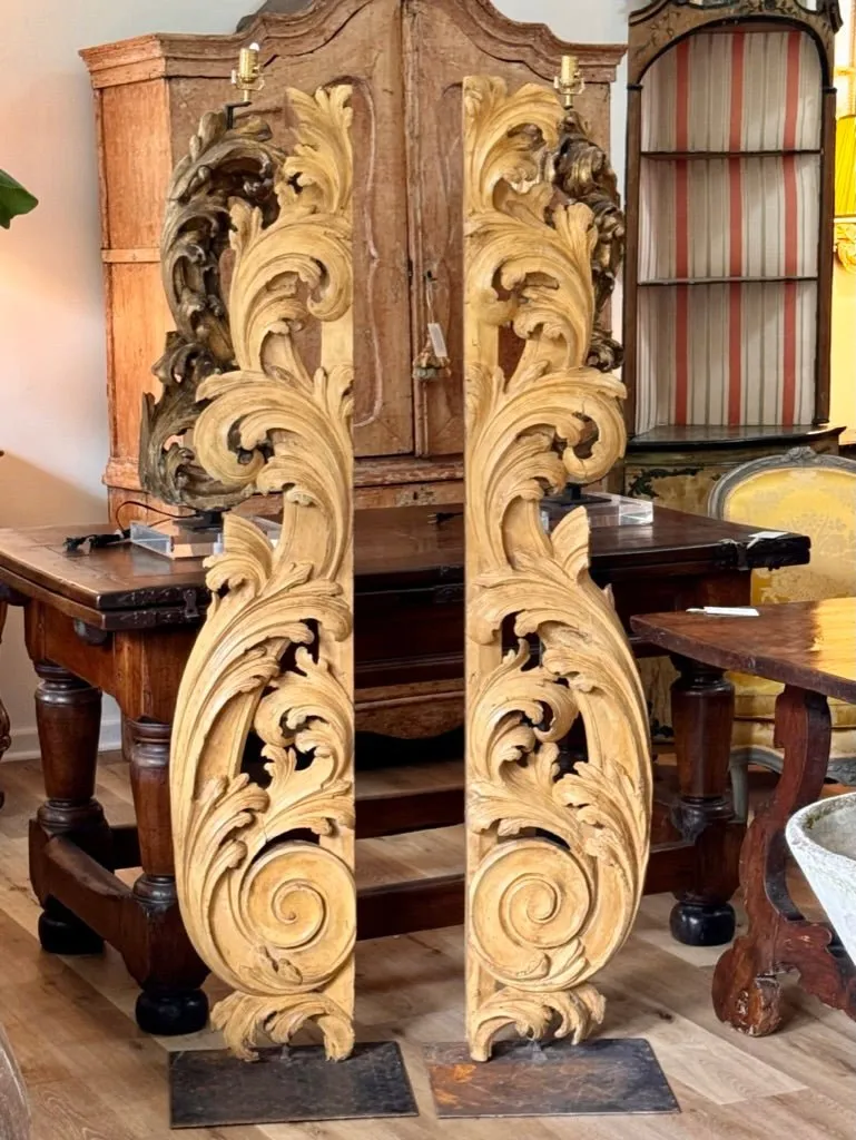 Tall carved, gilded fragments, French, on stands
