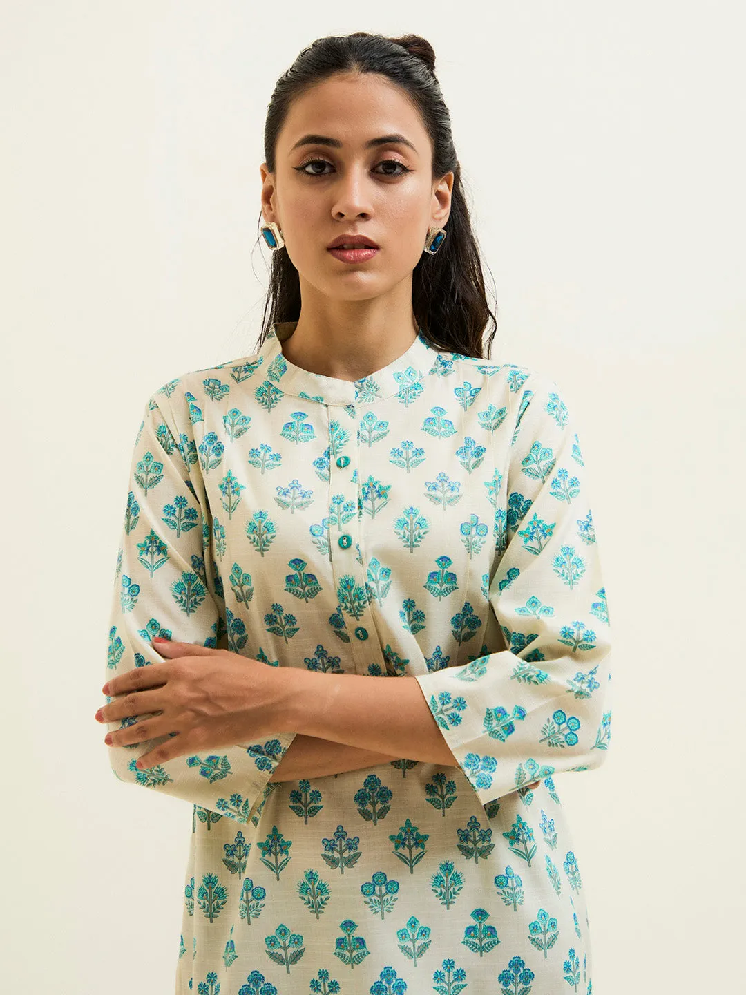 Turquoise Blue Ethnic Printed Short Kurta
