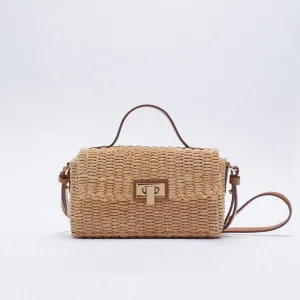 Vacation Ready Woven Trim Top Handle Crossbody Bag - Brown