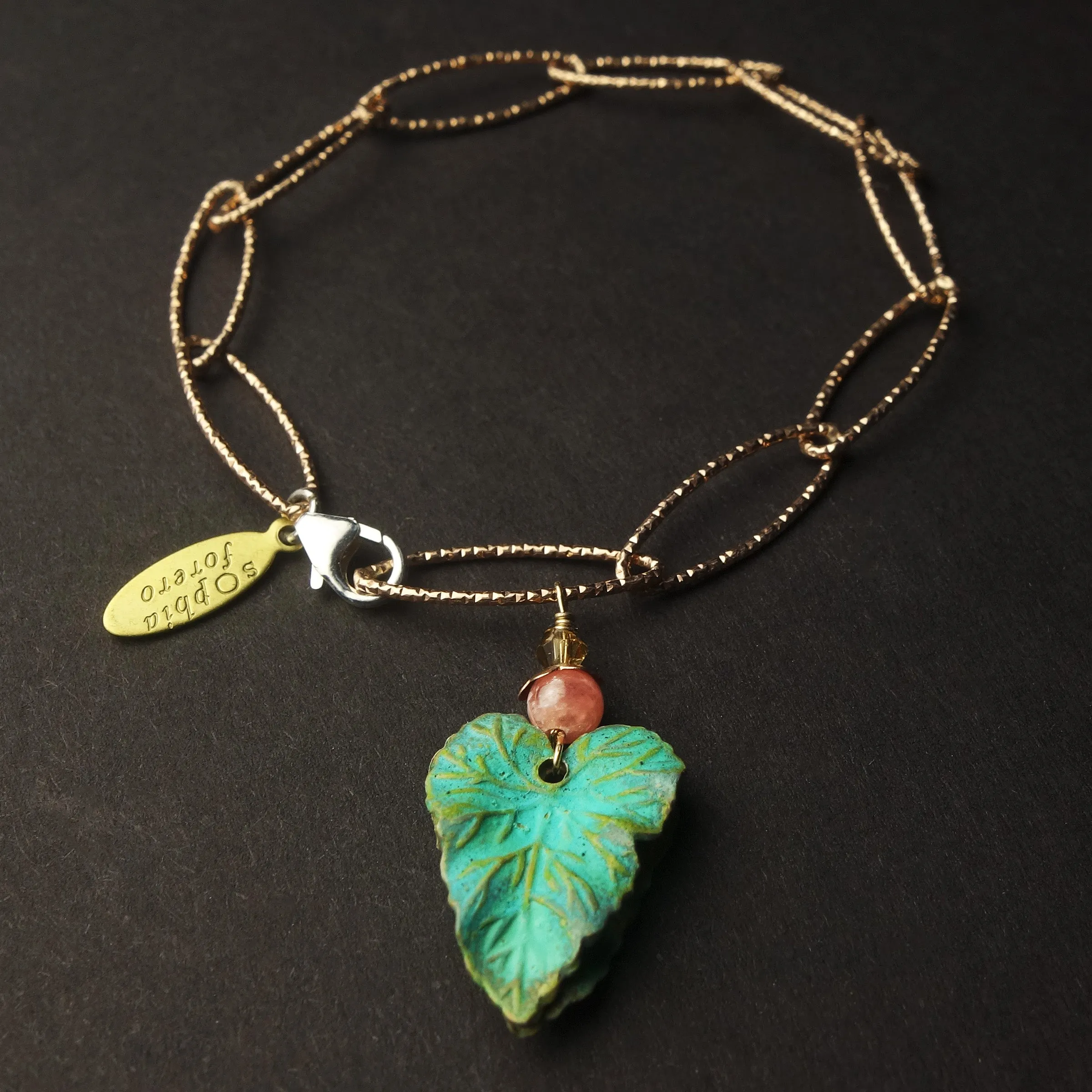 Verdigris bracelet: rose gold   rhodocrosite