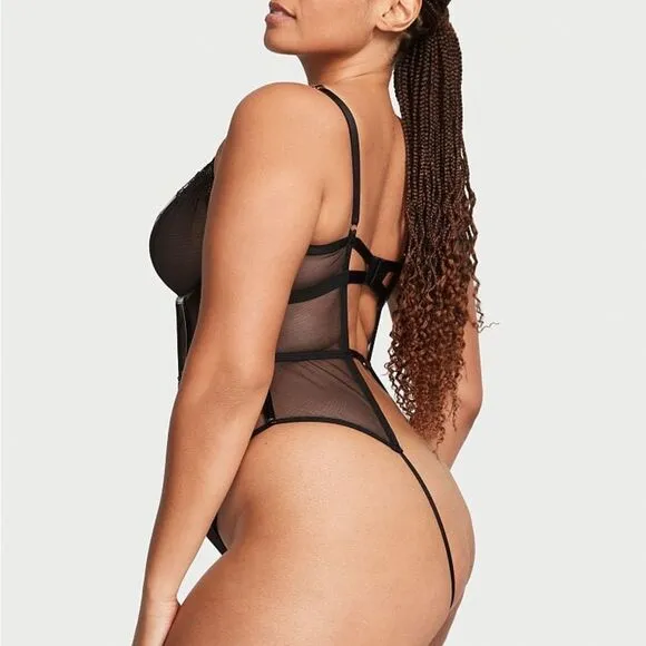 Victoria’s Secret VS Midnight Affair Lace Unlined Teddy Leather Black Medium