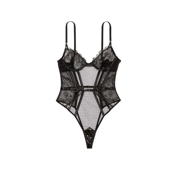 Victoria’s Secret VS Midnight Affair Lace Unlined Teddy Leather Black Medium
