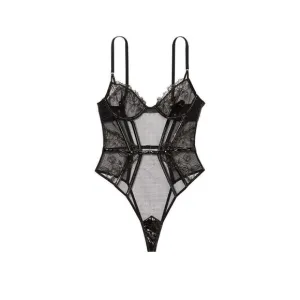 Victoria’s Secret VS Midnight Affair Lace Unlined Teddy Leather Black Medium