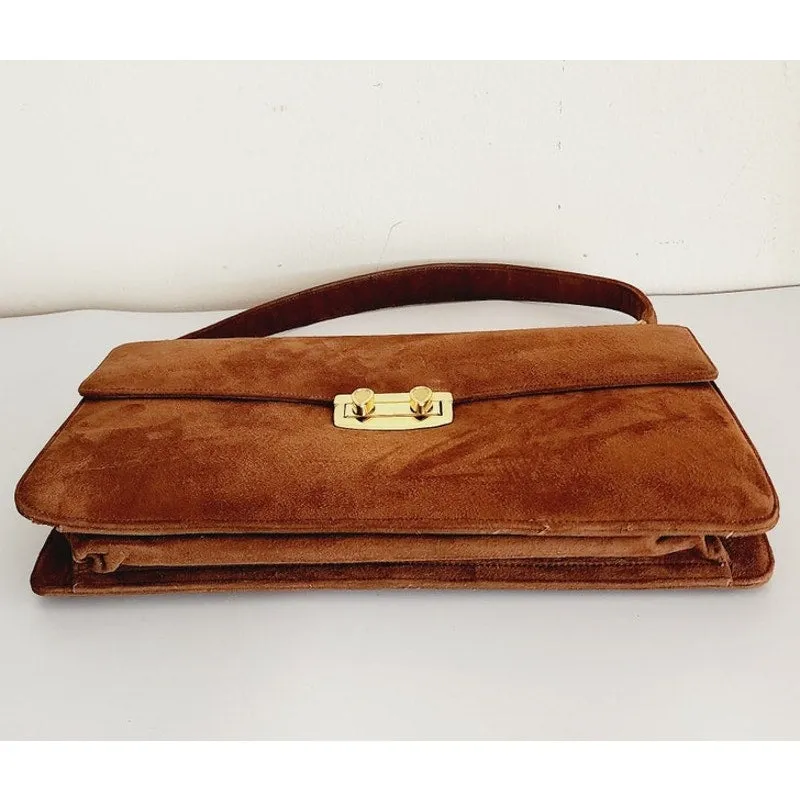 Vintage 60s Brown Suede Handbag Alligator Juarez Mexico