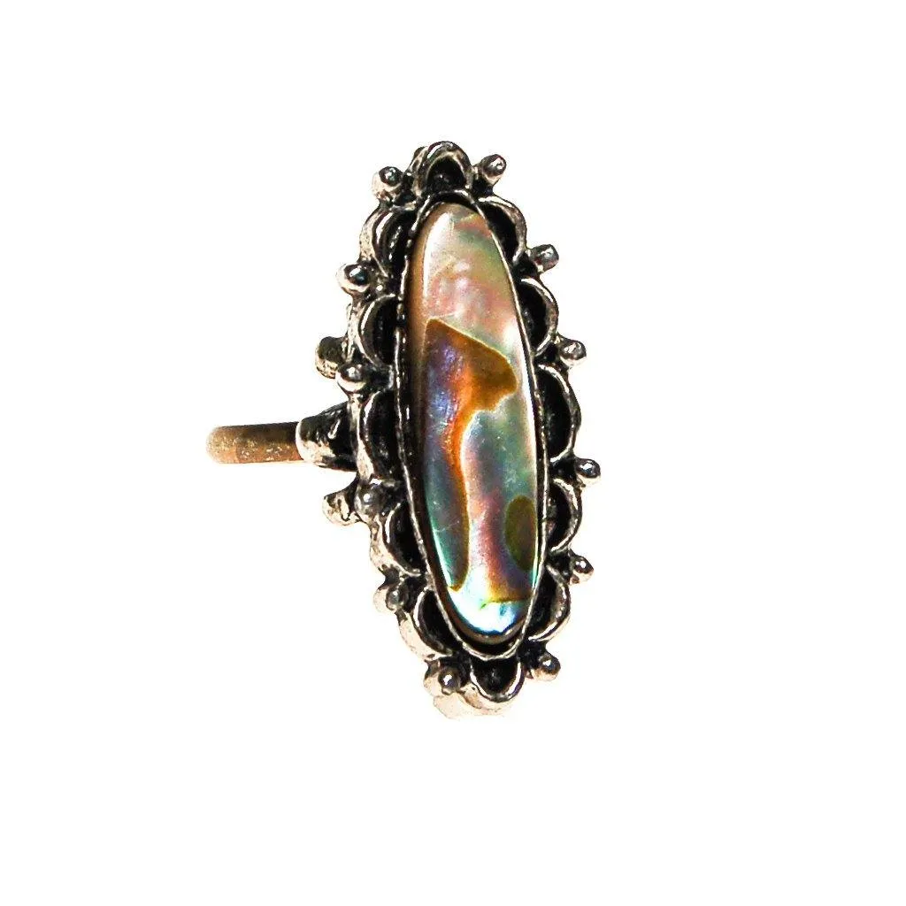 Vintage Abalone Statement Ring, Silver Tone, Adjustable, Bohemian Chic, 1970s