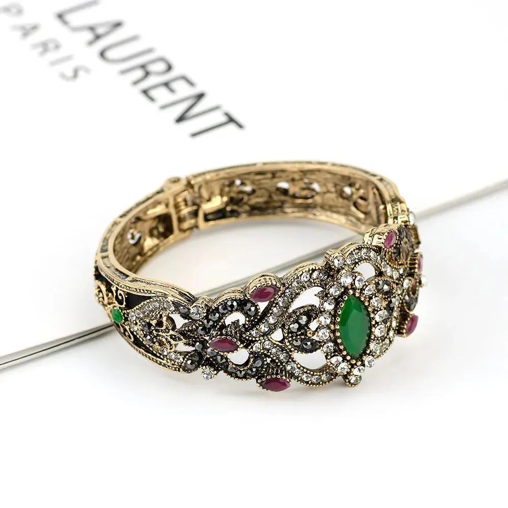 Vintage Turkish Gray Crystal Cuff Bracelet – Antique Gold Ethnic