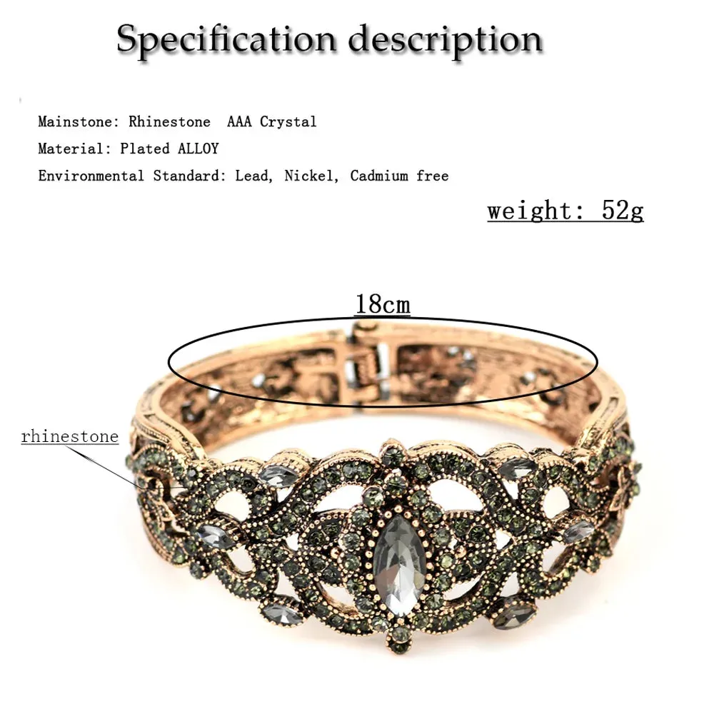 Vintage Turkish Gray Crystal Cuff Bracelet – Antique Gold Ethnic