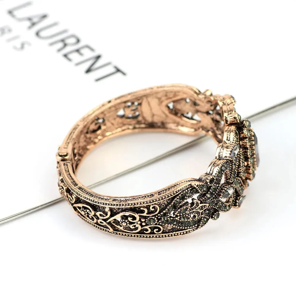 Vintage Turkish Gray Crystal Cuff Bracelet – Antique Gold Ethnic