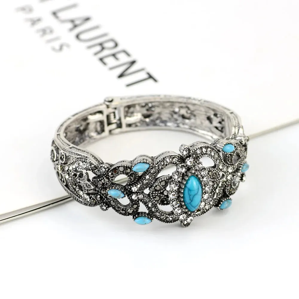 Vintage Turkish Gray Crystal Cuff Bracelet – Antique Gold Ethnic