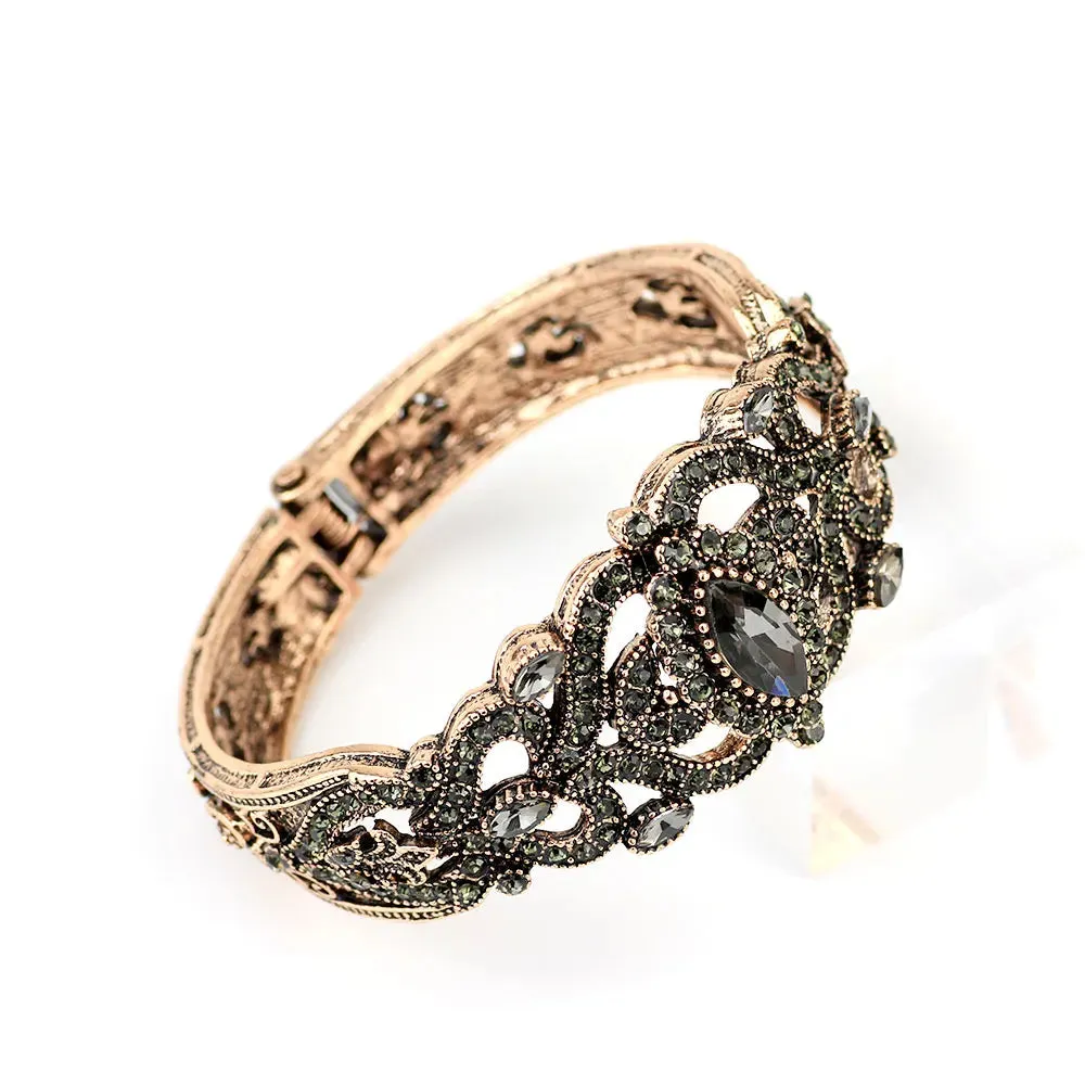 Vintage Turkish Gray Crystal Cuff Bracelet – Antique Gold Ethnic
