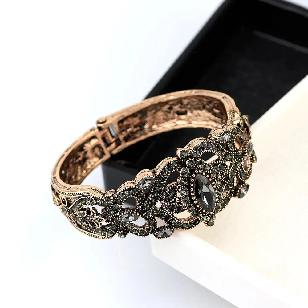 Vintage Turkish Gray Crystal Cuff Bracelet – Antique Gold Ethnic