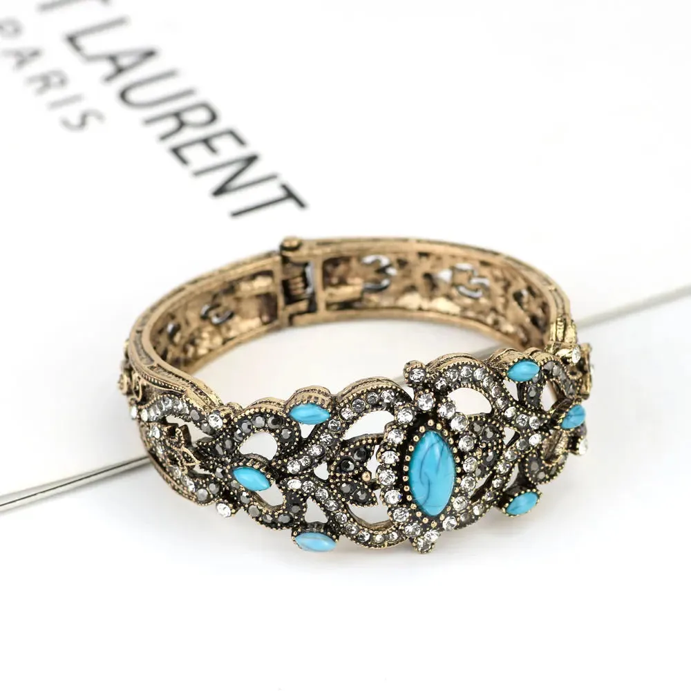 Vintage Turkish Gray Crystal Cuff Bracelet – Antique Gold Ethnic