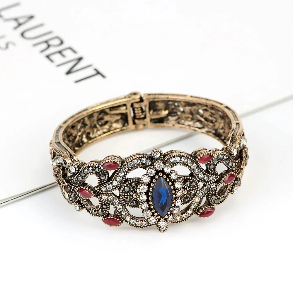Vintage Turkish Gray Crystal Cuff Bracelet – Antique Gold Ethnic