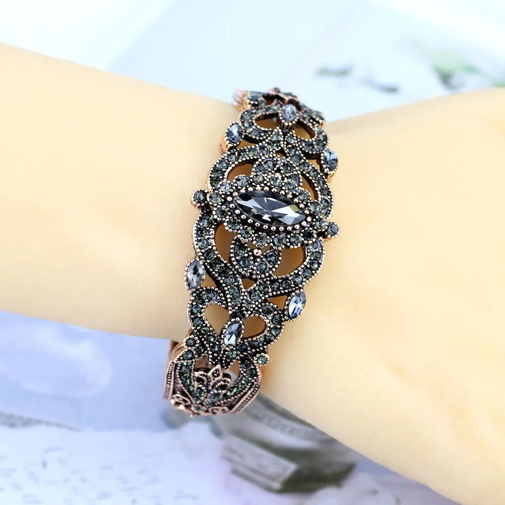 Vintage Turkish Gray Crystal Cuff Bracelet – Antique Gold Ethnic