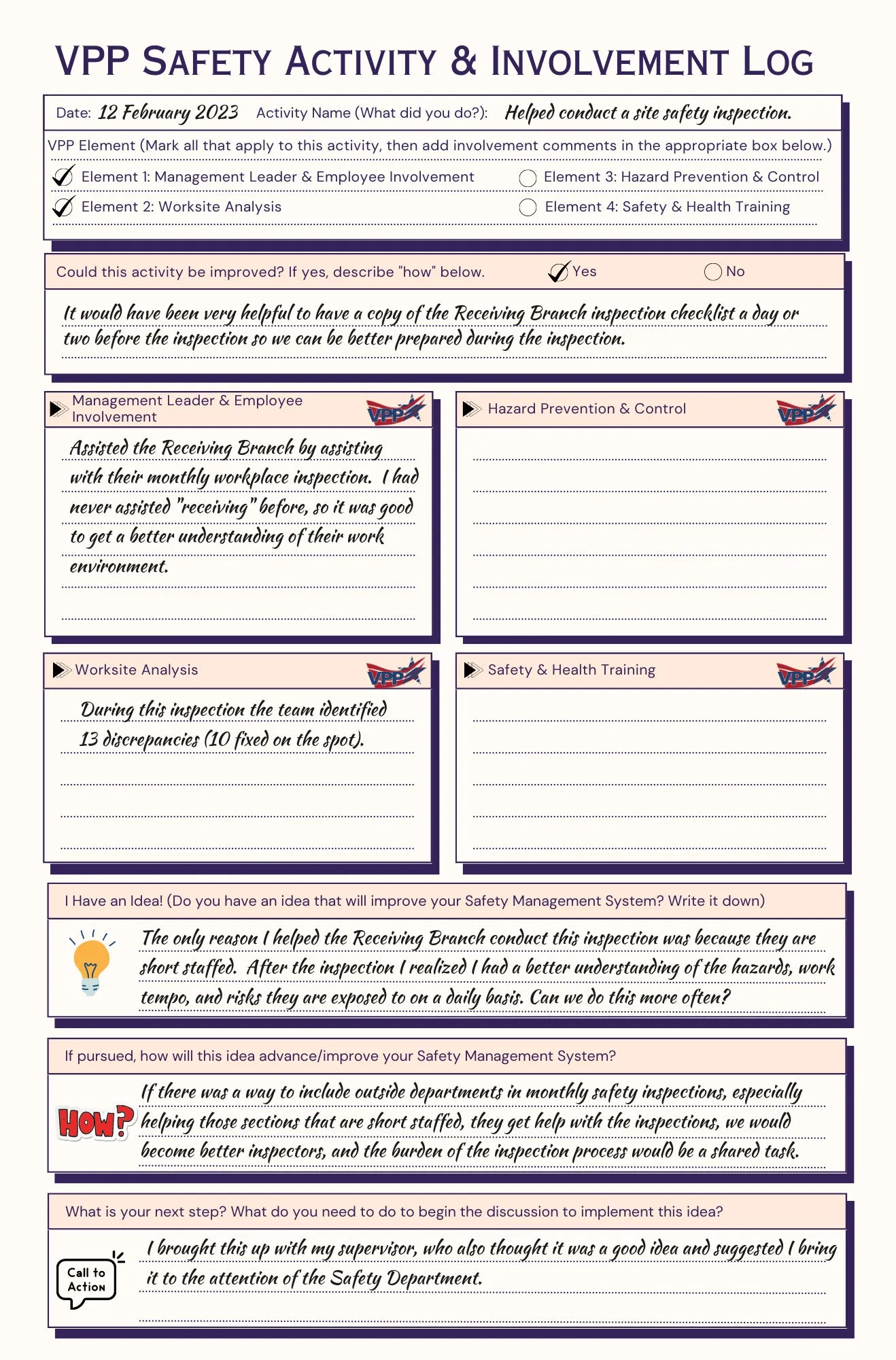 VPP Safety Activity and Involvement Log - #404286