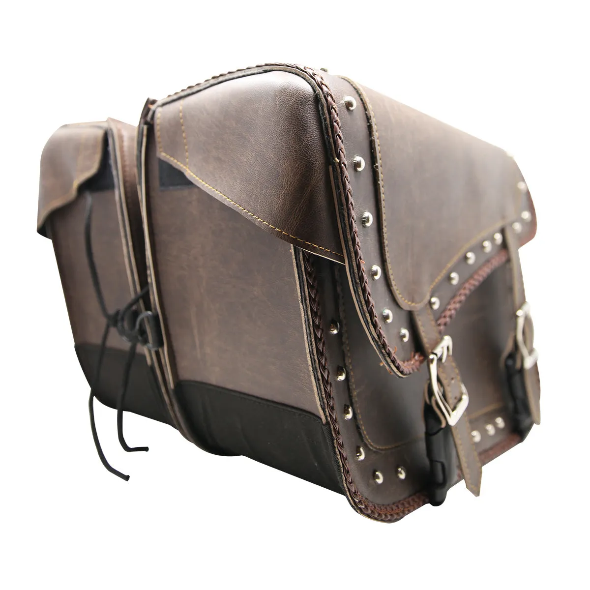 VS205DB Slanted Distressed Brown Concealed Carry Braided Saddlebags with and without Studs