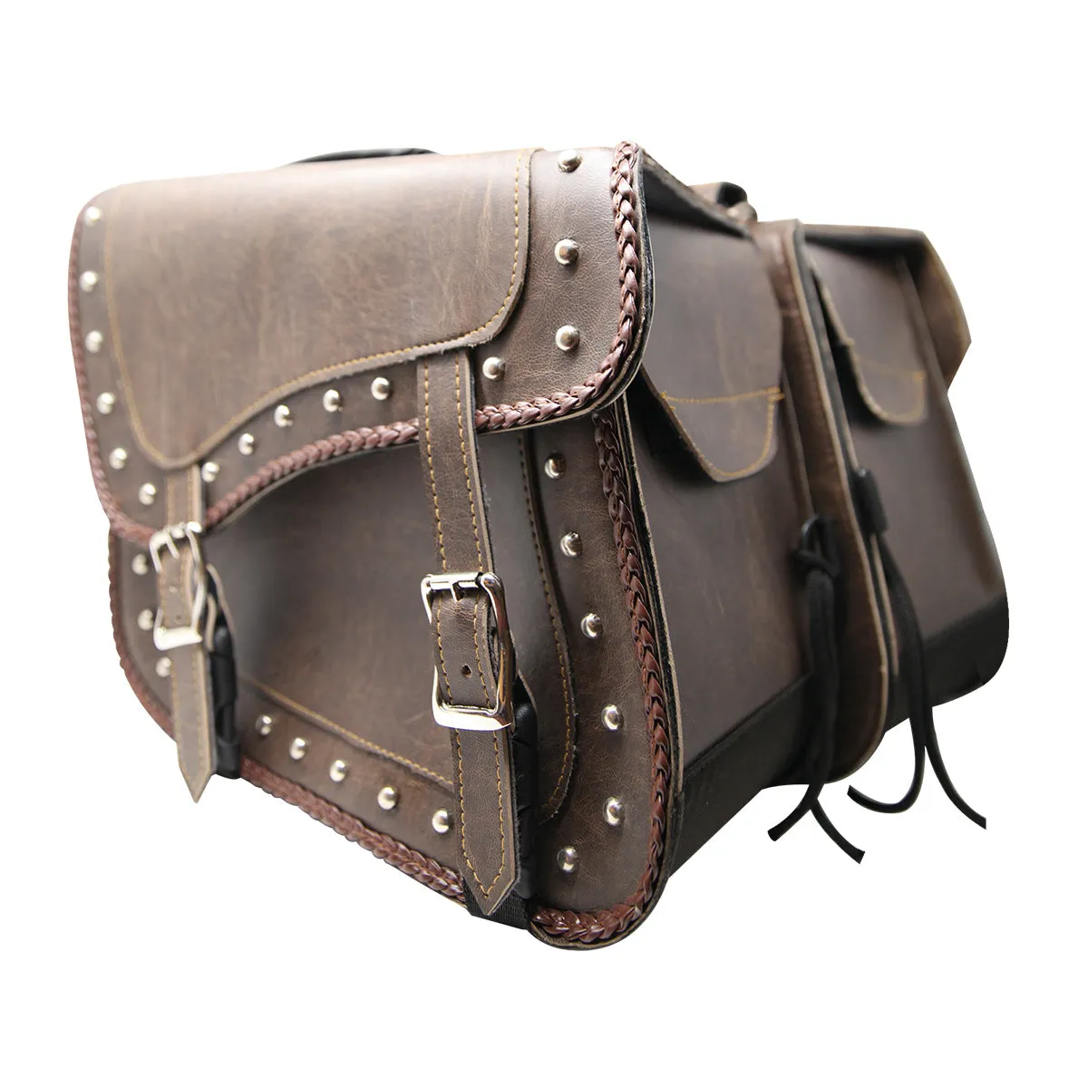 VS205DB Slanted Distressed Brown Concealed Carry Braided Saddlebags with and without Studs