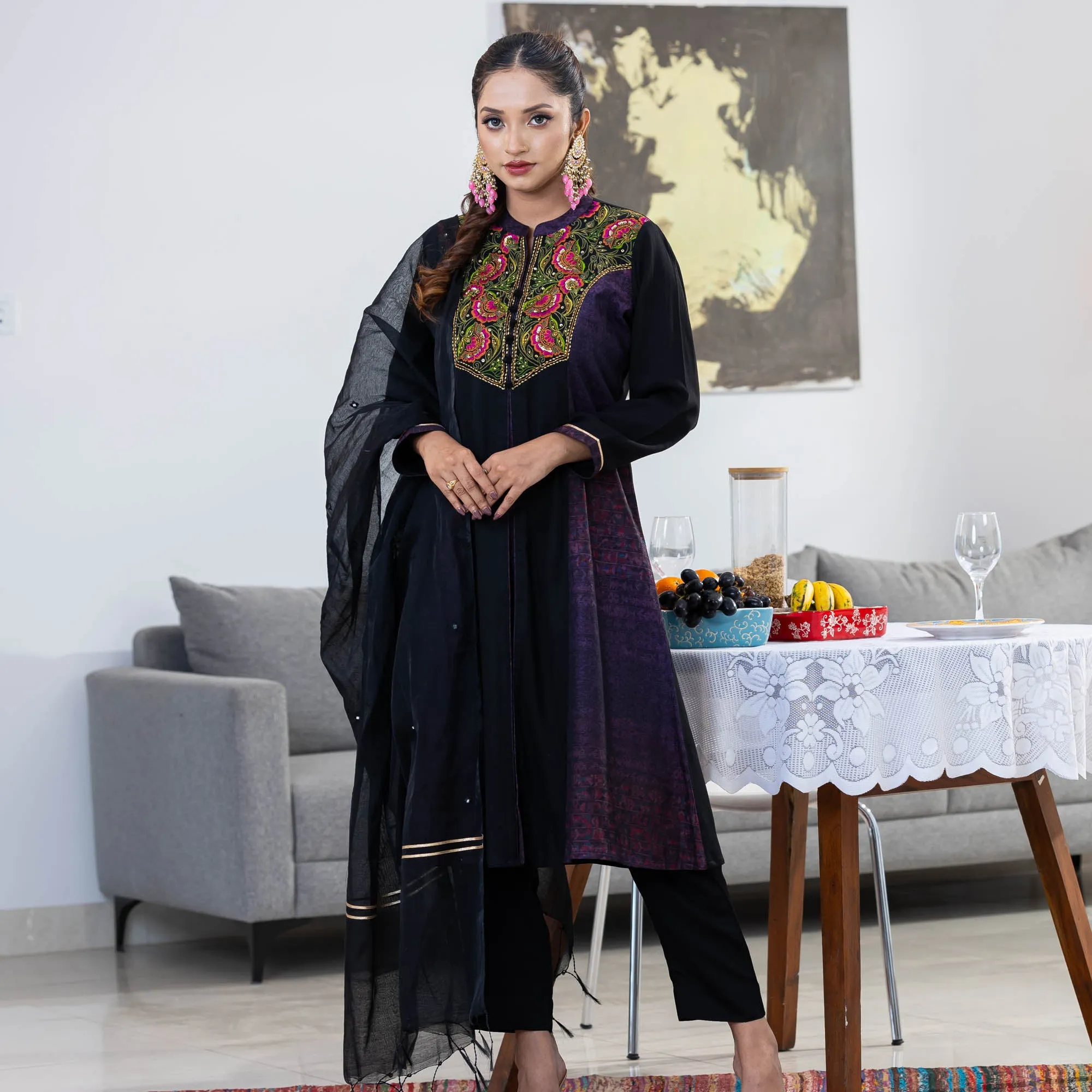 Womens Black Ethnic 3-Piece Set