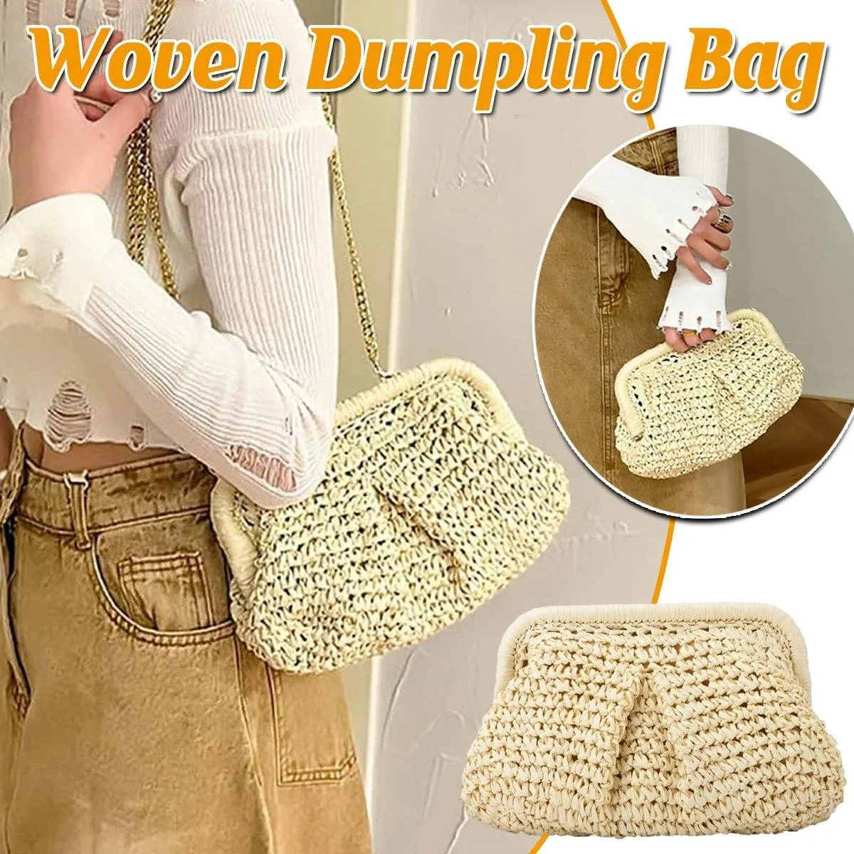 Woven Women Clutch Purse Dumpling Straw Tote Bag Shoulder Straw Crossbody Bag