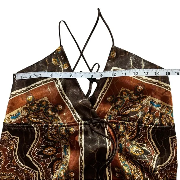 Y2K Silky Satiny Handkerchief Sleeveless Brown Boho Bohemian Dress